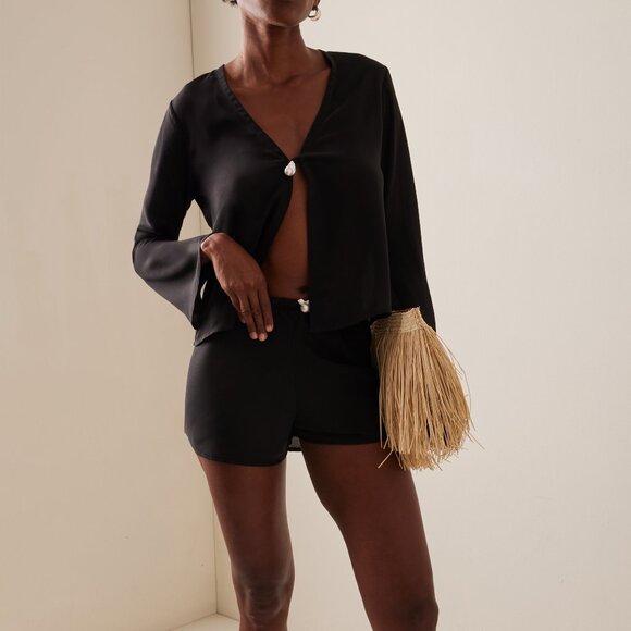 Sara Cristina Swim Black Sheer Playa Georgette Short Baroque Pearl Embellished S - Picture 1 of 9